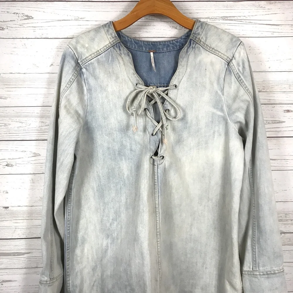 Free People Indigo Lace Up Denim Tunic Top L Shirt Distressed Faded Casual Boho